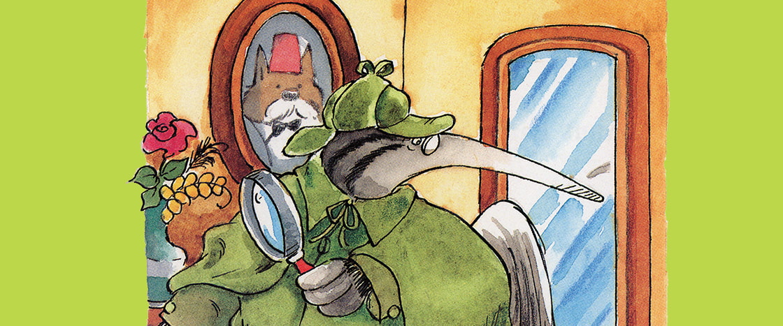 Illustration of detective anteater holding a magnifying glass