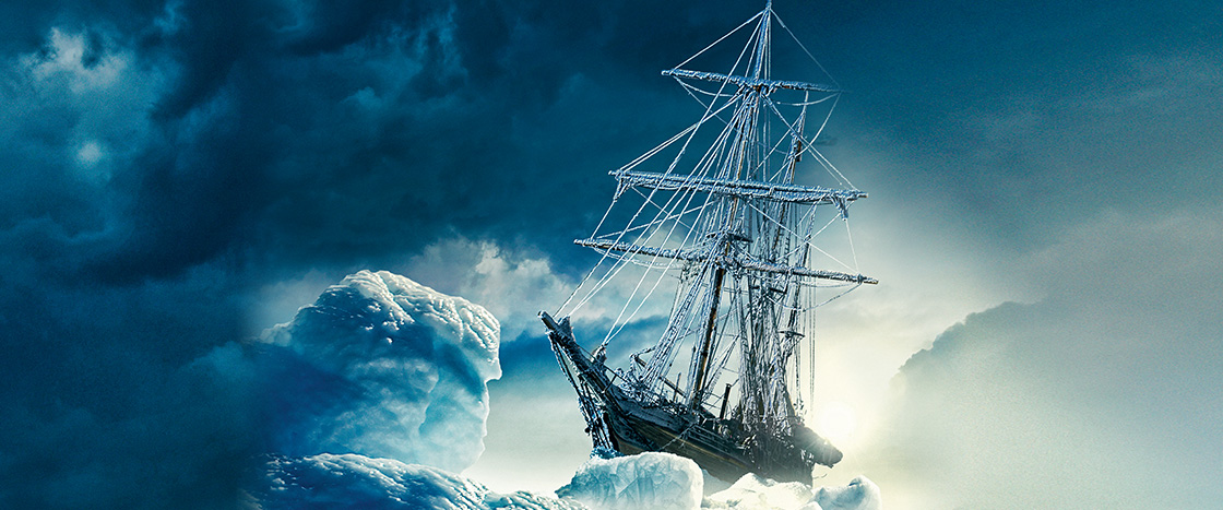 Illustration of a ship sailing through ice