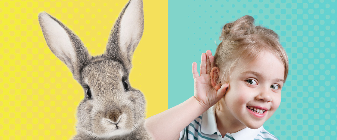 Image of a bunny and image of a kid holding hand to ear