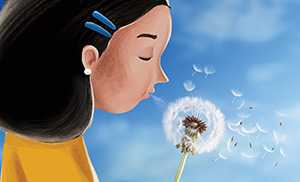Illustration of a kid blowing wishies from a dandelion
