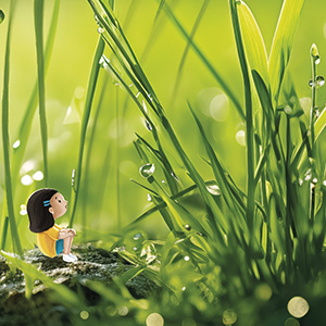 Image of a kid shrunk down and sitting in a field of grass