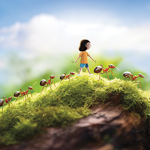 Image of a kid shrunk down and walking with ants