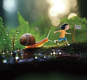 Image of a kid shrunk down and racing a snail