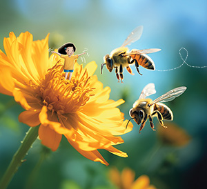 Image of a kid shrunk down and standing on a flower as bees buzz by