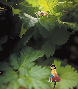 Image of a kid shrunk down and being watched by a spider