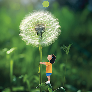 Image of a kid shrunk down and standing next to a dandelion