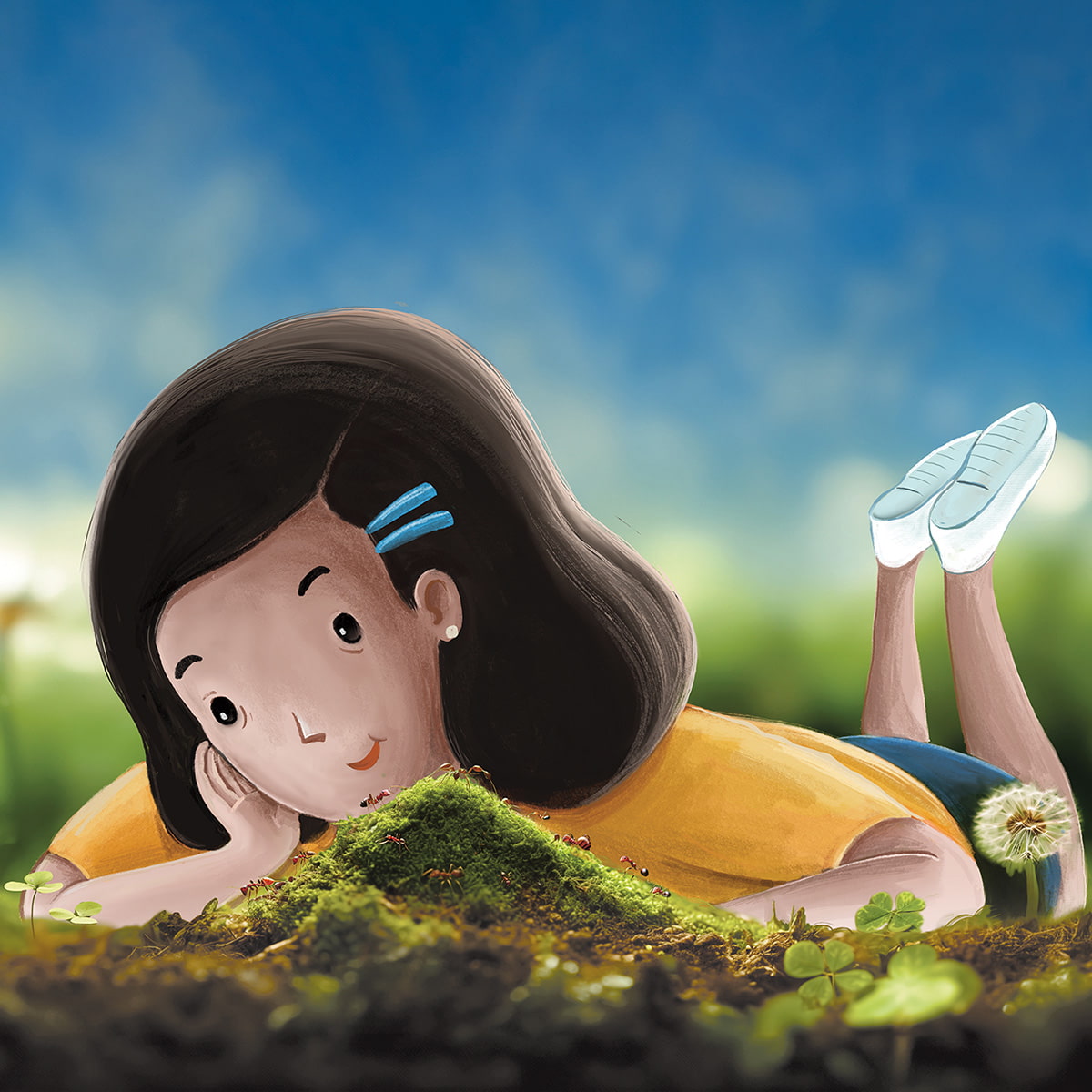 Illustration of a kid laying on grass studying the insects