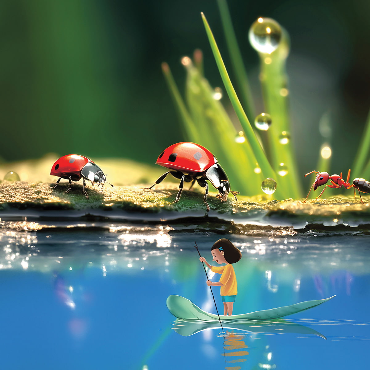 Image of a kid shrunk down and rowing on a leaf past ladybugs