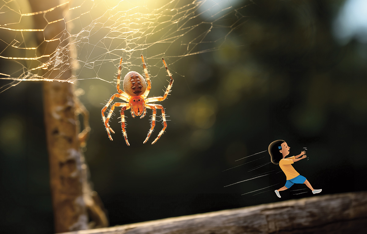 Image of a kid shrunk down and running away from a spider