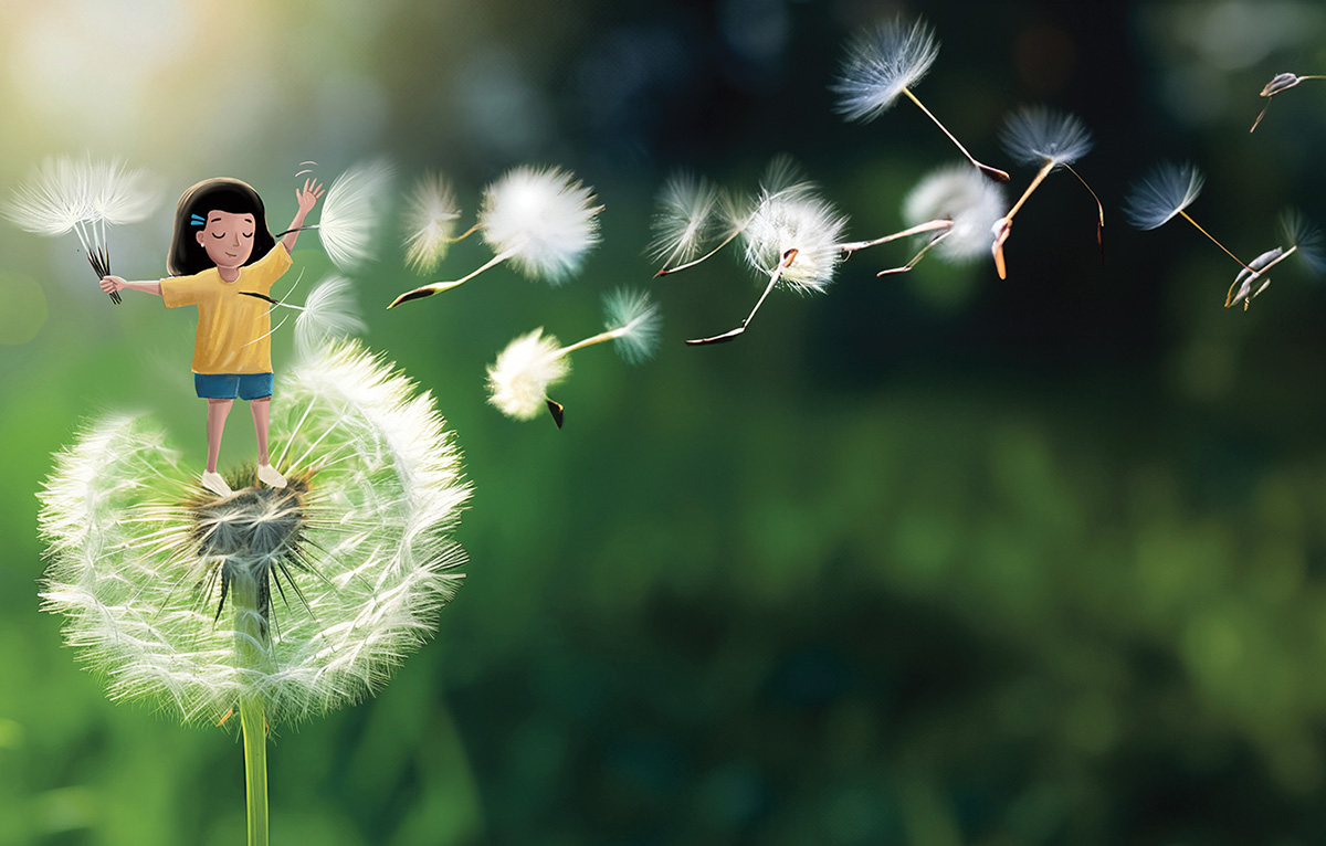Illustration of a kid standing on a dandelion