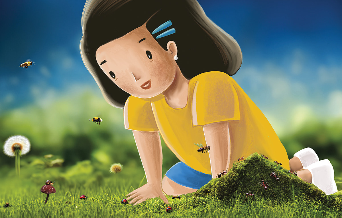 Illustration of a kid observing the bugs