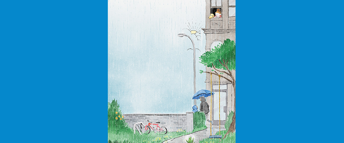 Illustration of a person walking with umbrella during rainy day