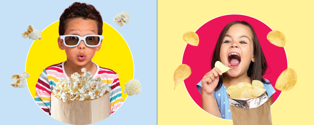 Two images: one of a kid with popcorn and the other of a kid with potato chips