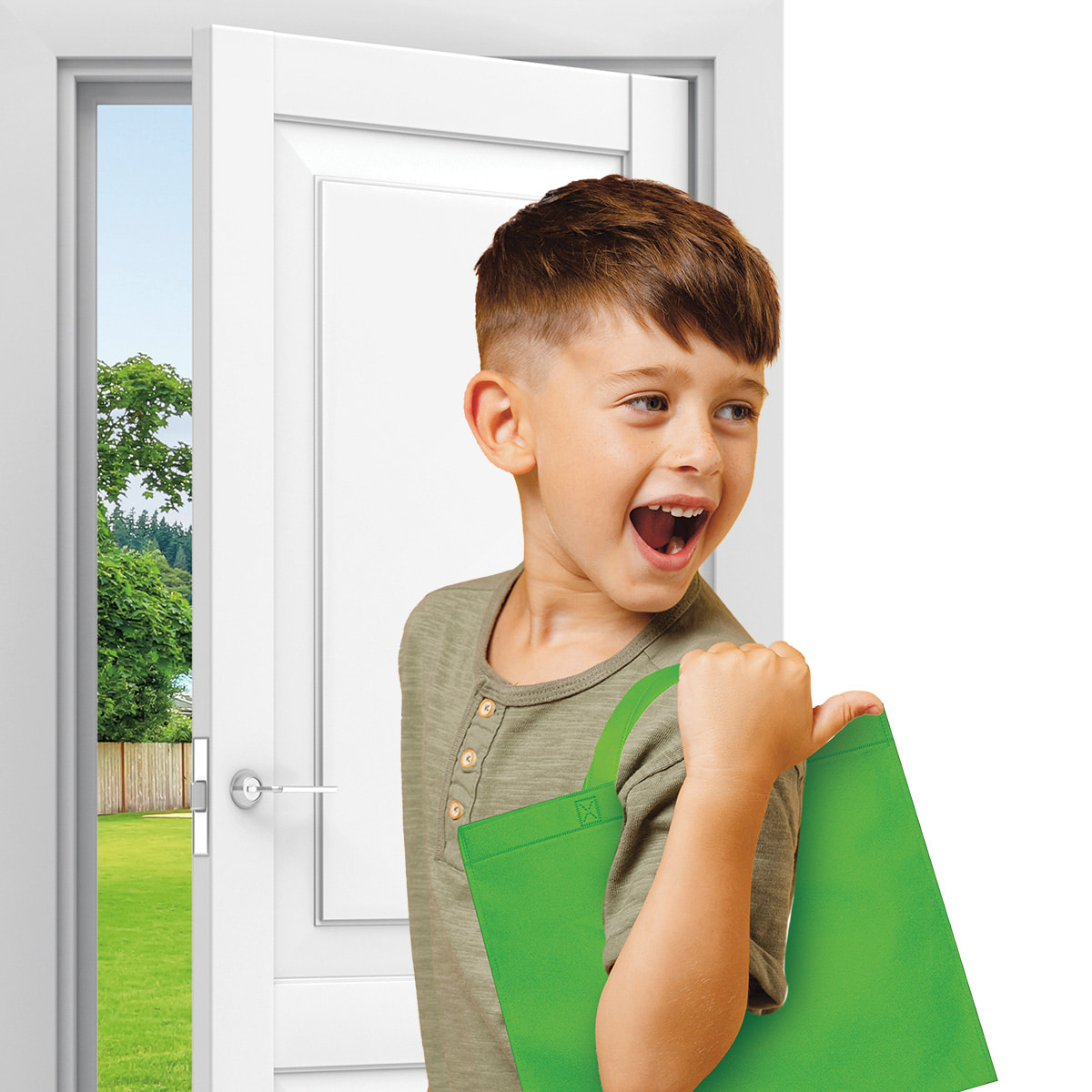 Image of a boy walking out the front door