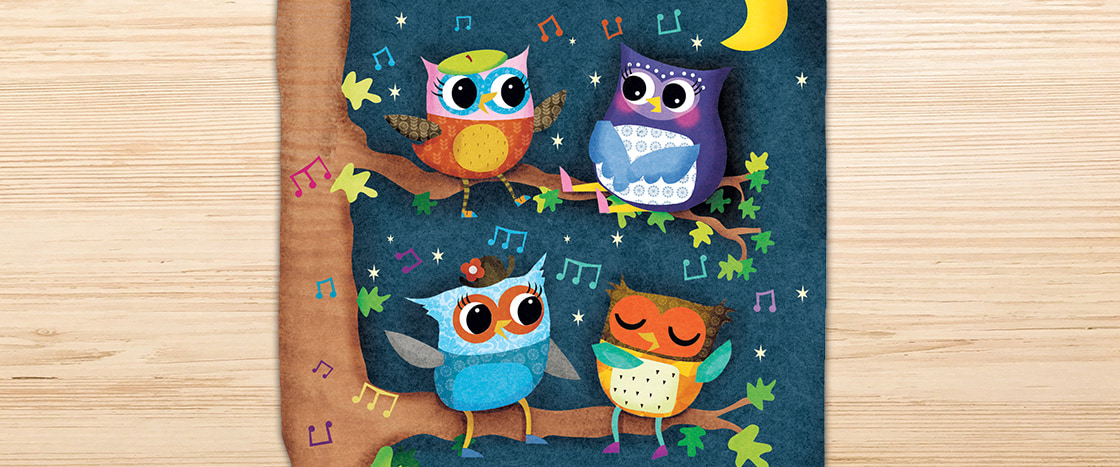 Illustration of four owls singing and sitting on a branch