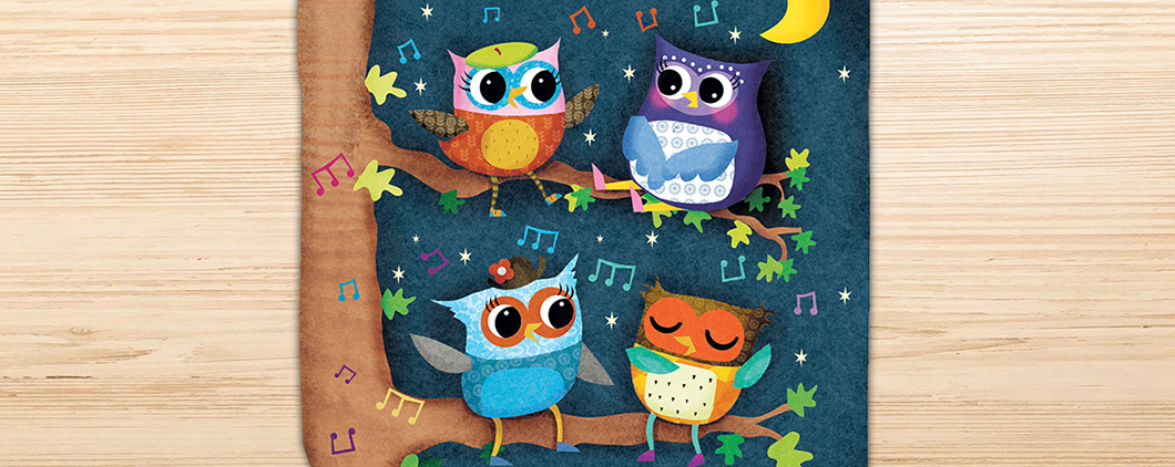 Illustration of four owls singing and sitting on a branch