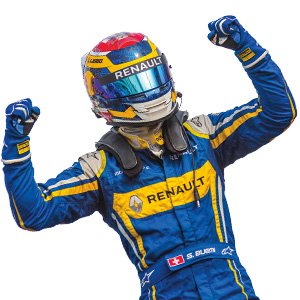 Image of a sports car driver cheering and wearing full gear
