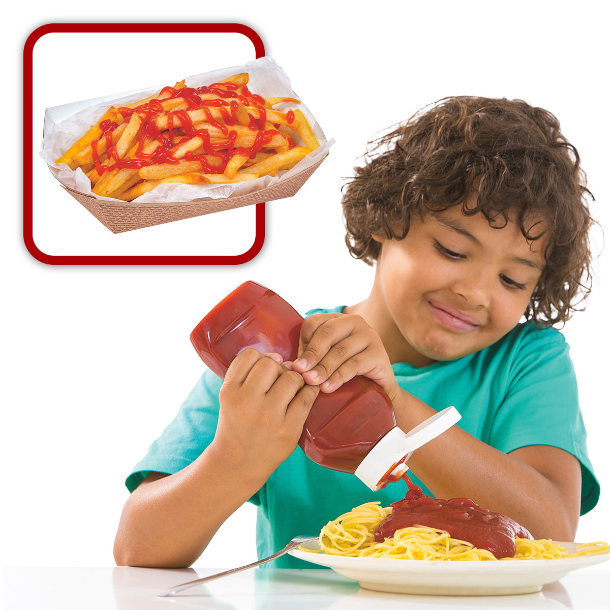 Image of kid putting ketchup on pasta and image of fries with ketchup