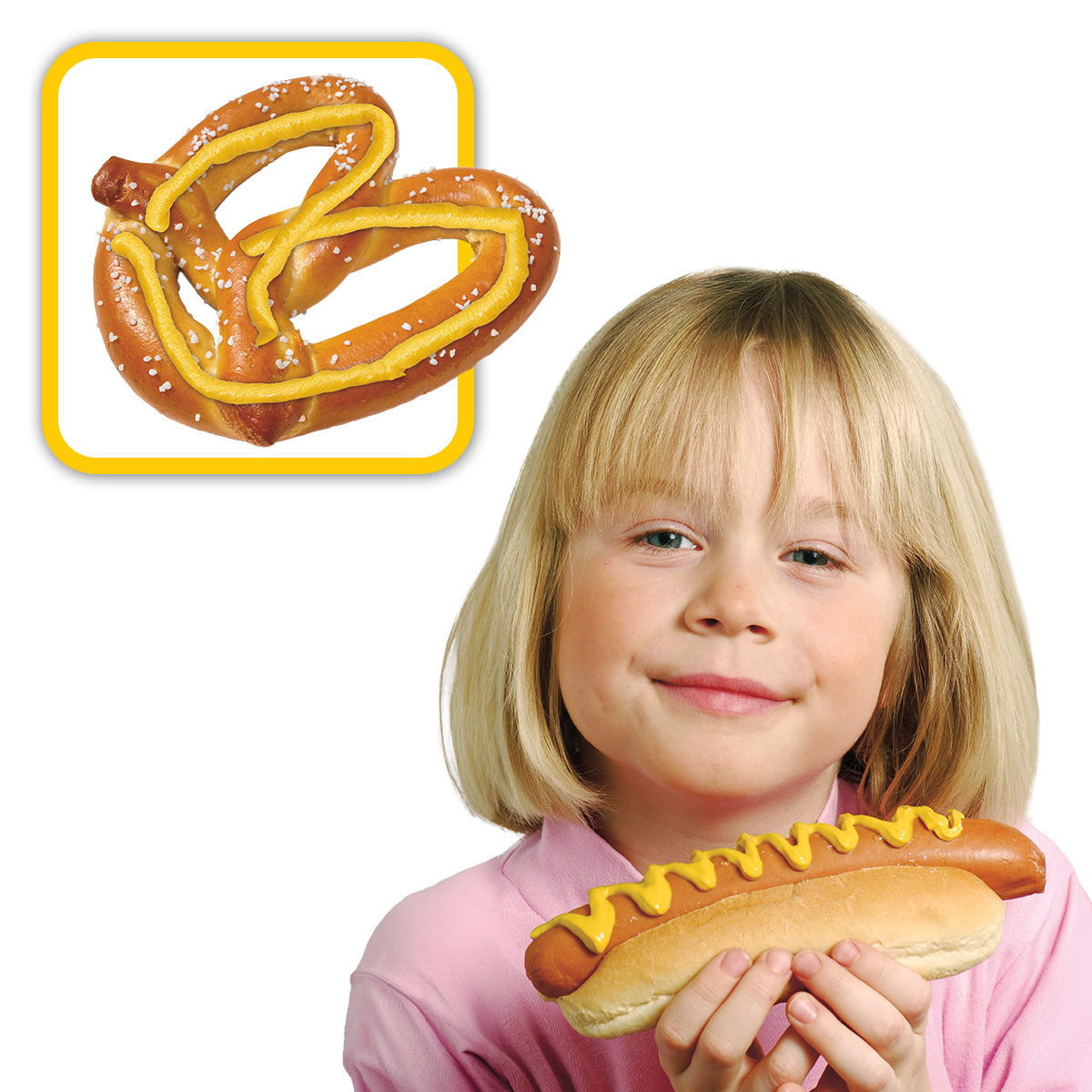 Image of kid holding hot dog with mustard and image of pretzel with mustard