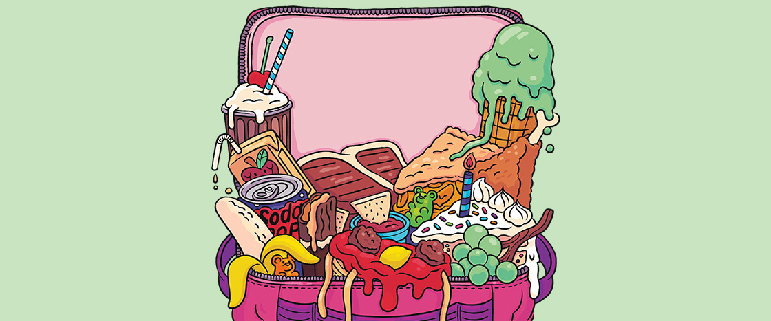 Illustration of a messy lunchbox filled with food